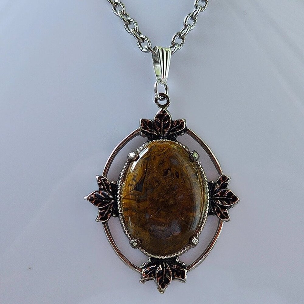 Vintage Pendant Women Necklace Brown Stone Silver Tone Chain Fashion Jewelry - Picture 3 of 12
